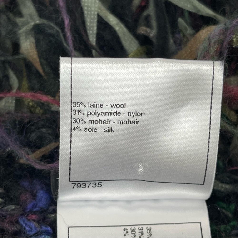 CHANEL Multicolor Mohair Wool Fringe Scarf with CC Logo Plaque (Made‎ in France) - Picture 6 of 9